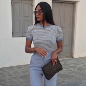 COPY - NWOT! ZARA KNIT Short Sleeve Cropped Sweater - Blue & Camel, M